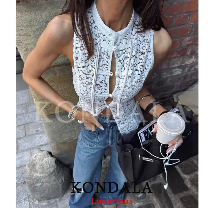 KONDALA Sexy a elegantný biely čipkovaný top s mašľou pre ženy