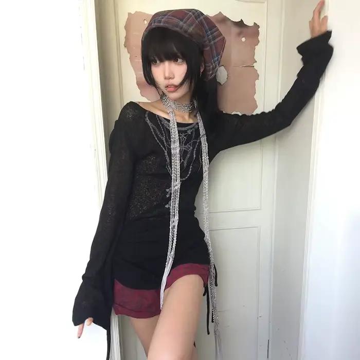 Japonské Y2k pletené topy Grunge s potlačou tetovania Dlhé rukávy Rebarborový Vintage Harajuku nariasený trikot
