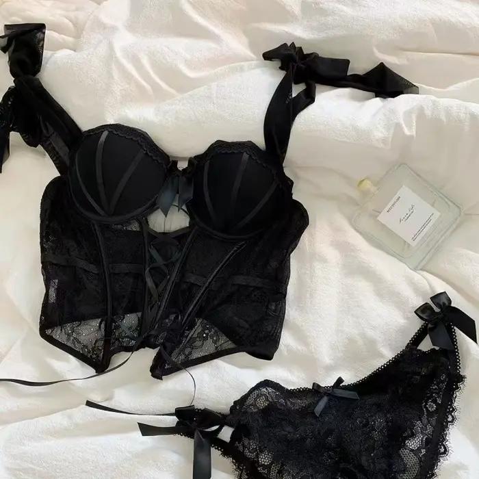 Doux Sexy dames ensemble de soutien-gorge arête de poisson Corset épicé fille dentelle Lingerie sangle rembourrage froncé Type mince Corset femmes ensemble de soutien-gorge