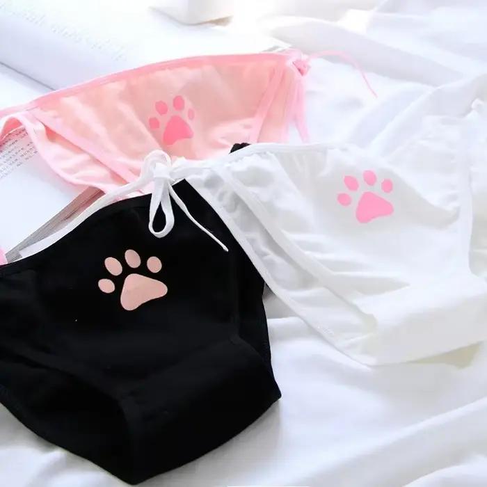 Ženy Sexy nastaviteľná obväz Lolita nohavičky nízky pás Lingerie roztomilý pazúr slipy Animácia dievča Kawaii mačacia labka vzor spodná bielizeň