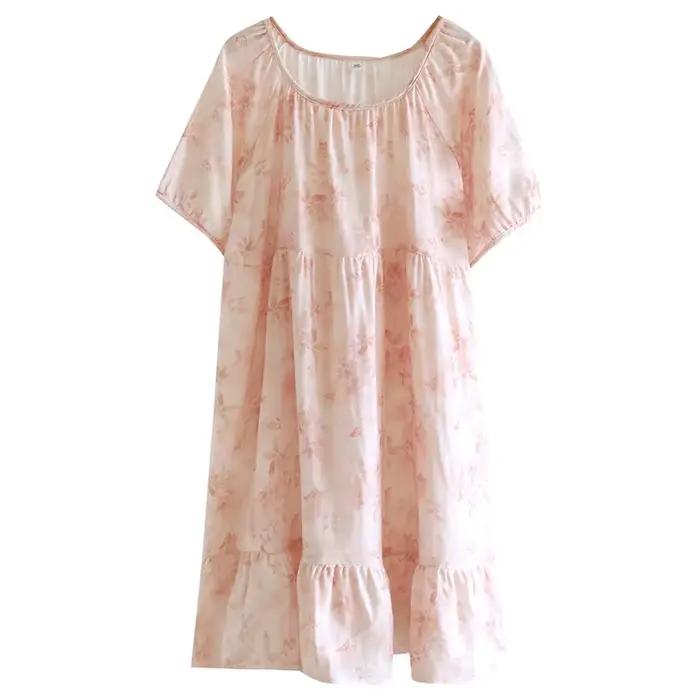 Chemise de nuit à imprimé floral pour femme, robe de nuit en gaze de coton 1 pièce, manches courtes et respirante, légère et polyvalente pour l'été à la maison