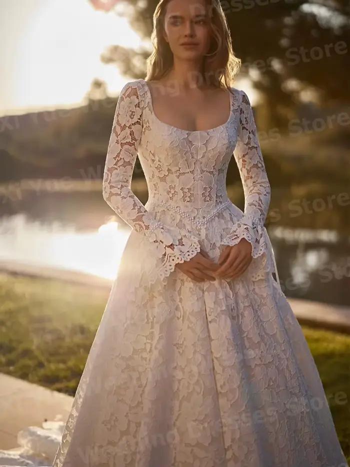 Robes de mariée luxueuses en dentelle à manches longues avec perles, style A-line, pour femmes, robes de mariée personnalisées, Robe De Mariée