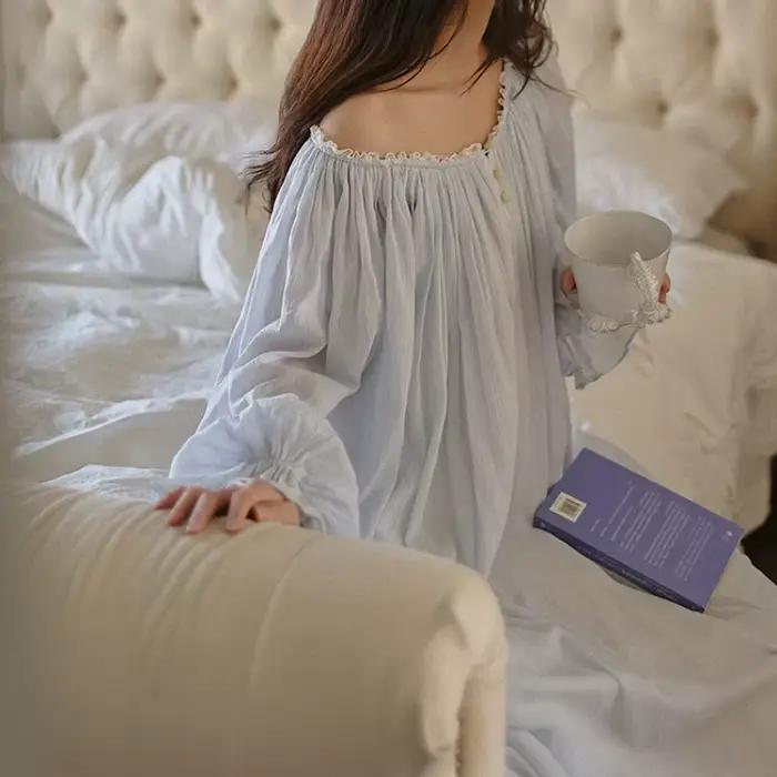 Chemise de nuit en coton tricoté 100% femme style vendange longue ample bleu vintage pour dormir occasions spéciales ```