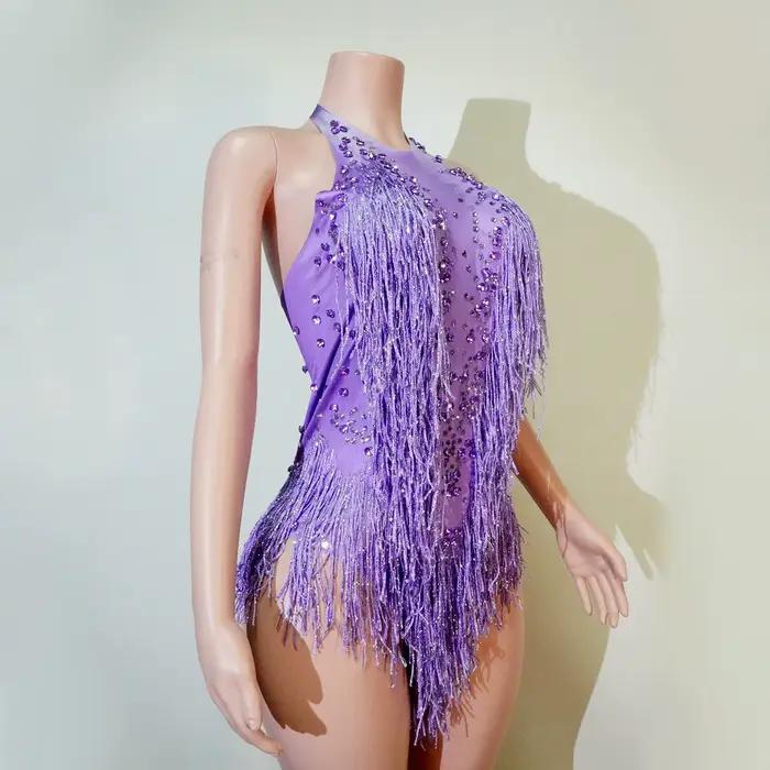 Costume de danse pour femmes, tenue de scène, combinaison extensible, justaucorps à franges, vêtements de performance, strass scintillants, franges, vêtements de boîte de nuit