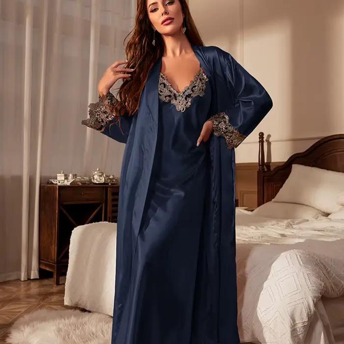 Dámsky dlhý Twinset nočný set jarné leto Kimono župan Šaty Sexy čipka lemovanie nočná košeľa Satén domáce oblečenie