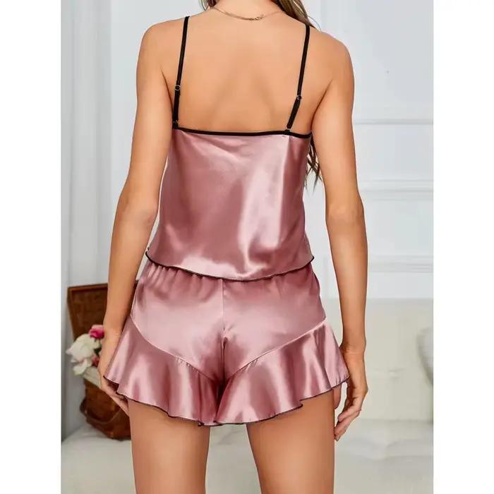 Pyjama en Satin lisse pour femmes, T-Shirt à col en v, bords à volants et short à nœud, ensemble pyjama Simple et respirant, vêtements de maison à bretelles