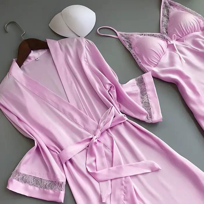 Pyjama en Satin de soie pour femmes, 2 pièces, Sexy, soyeux, ensemble de Robe, garniture en dentelle, bretelles, chemise de nuit, Kimono, peignoir, vêtements de nuit