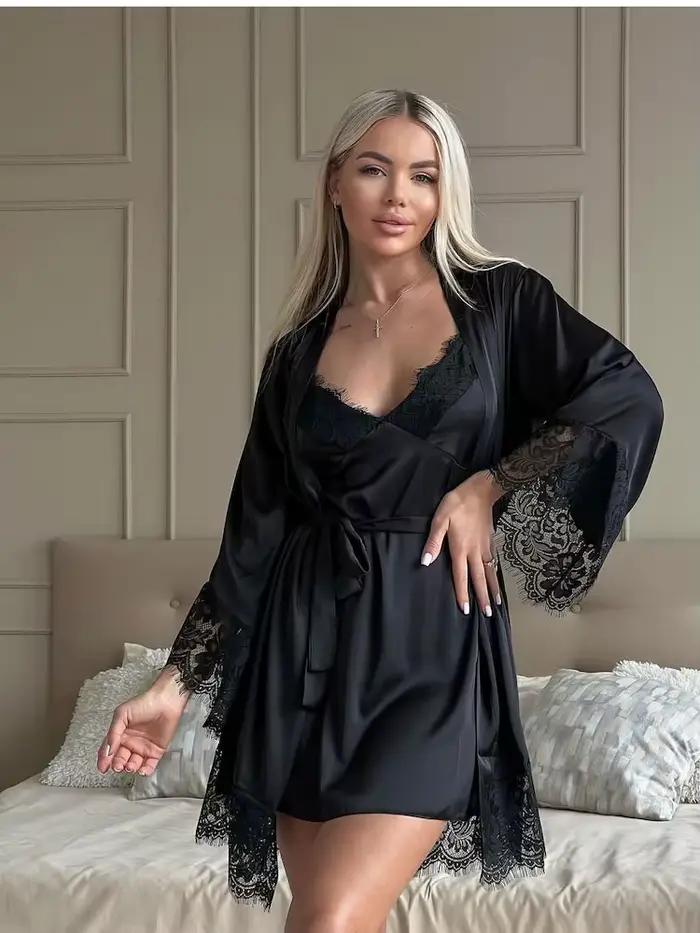 Robes de nuit sexy en dentelle noire pour femme, en soie satinée, élégantes pour les mariages, robes de demoiselles d'honneur, ensemble de pyjama court et robe de chambre