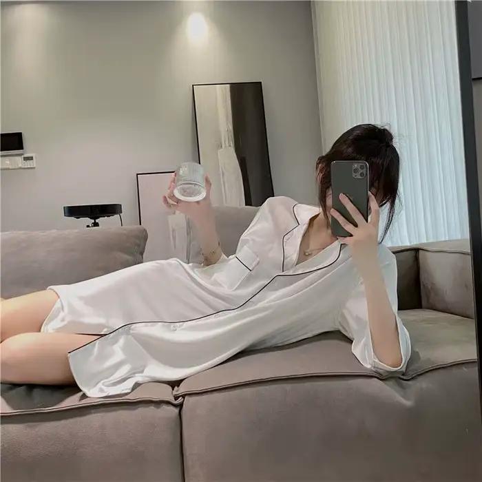 Nouvelle chemise de nuit en soie sexy pour femme, pyjama d'été, chemise de nuit sexy pour femme, vêtements d'intérieur en soie, robes de printemps et d'automne