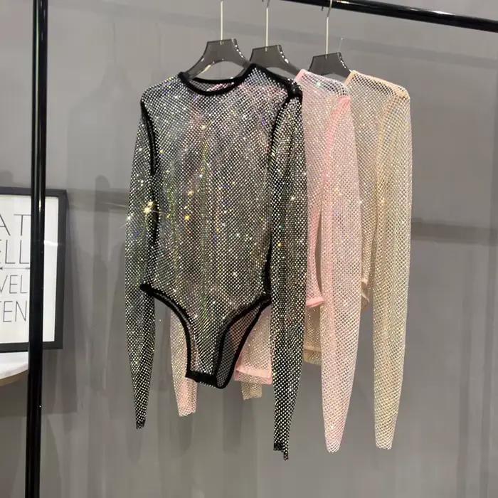 Combinaison en résille à paillettes brillantes, Sexy, transparente, à la mode, pour dames, boîte de nuit, fête, Fiber de Polyester, manches longues, haute élasticité