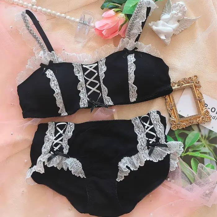 Lolita – soutien-gorge en dentelle pour fille, rétro Kawaii, sous-vêtements Sexy avec nœud papillon, ensemble de soutien-gorge et culotte sans fil, Lingerie tanga