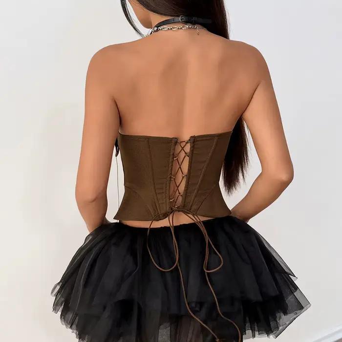 Hnedý korzet pre ženy, šnurovaný bustier