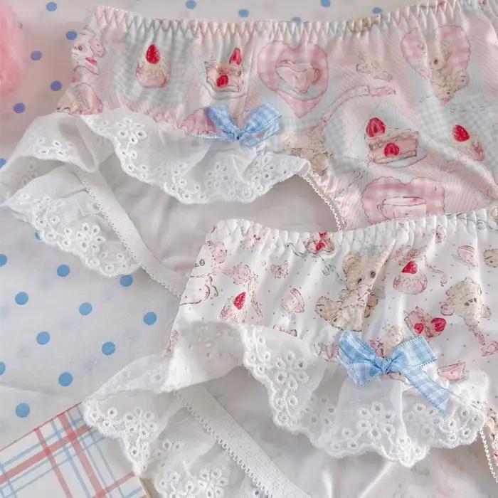 Culotte à volants en dentelle avec nœud papillon pour femme, joli sous-vêtement imprimé ours de dessin animé, Lolita Dot, taille basse, slip pour filles, lingeries douces