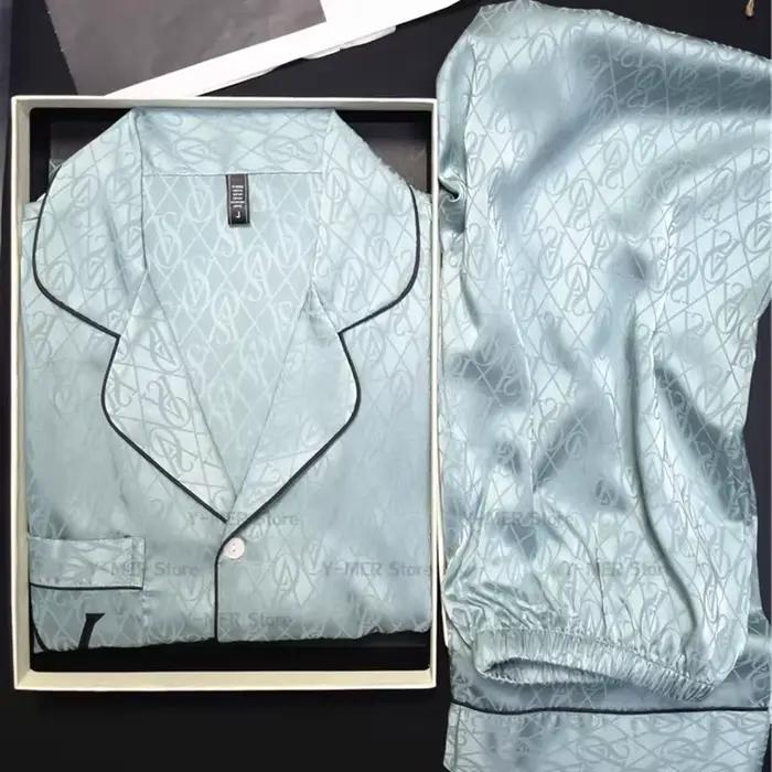 Ensemble pyjama imprimé vert, manches longues, vêtements de nuit pour femmes, luxe, rayonne, vêtements de maison, lettre V, vêtements de détente, 2 pièces