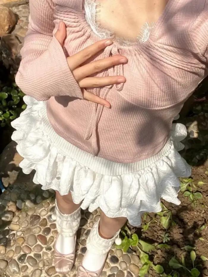 Kawaii plesová sukňa krátka skladaná volánová vrstvená vysoký pás pevná mini koláčová