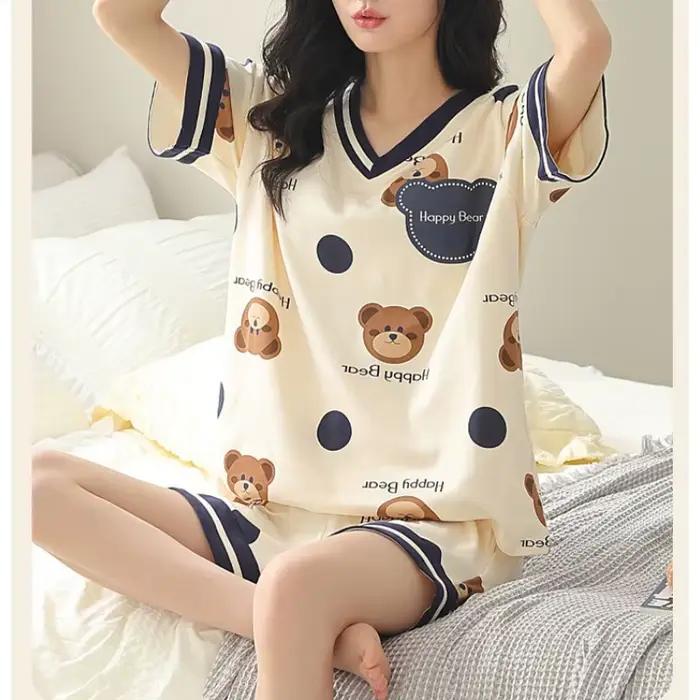 Pyjama avec coussinets de poitrine pour femmes, été, dessin animé, manches courtes, shorts, ours, vêtements de détente pour étudiants, ensemble 2 pièces, vêtements de nuit mignons, vêtements de maison