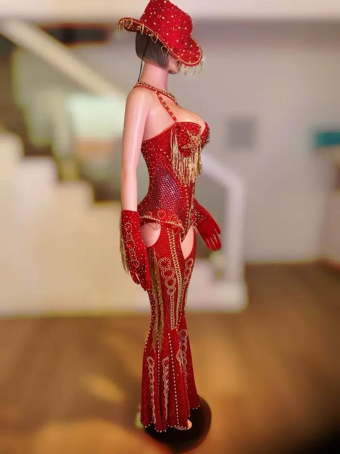Ensemble 4 pièces haut de gamme avec strass pour femmes, tenue de Club, Cowboy, spectacle de fête, combinaison de carnaval, Showgirl, vêtements Sexy, Hongding