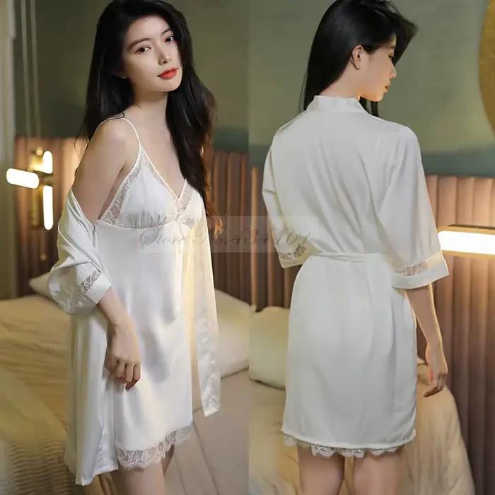 Sexi hodvábny kimono župan pre ženy biela nevesta družička Svadobné šaty s čipkovaným lemom voľné domáce oblečenie na spanie