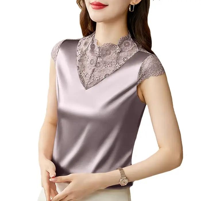 Blouse en soie et polyester patchwork élégante pour femme avec col roulé et dentelle pour occasions spéciales