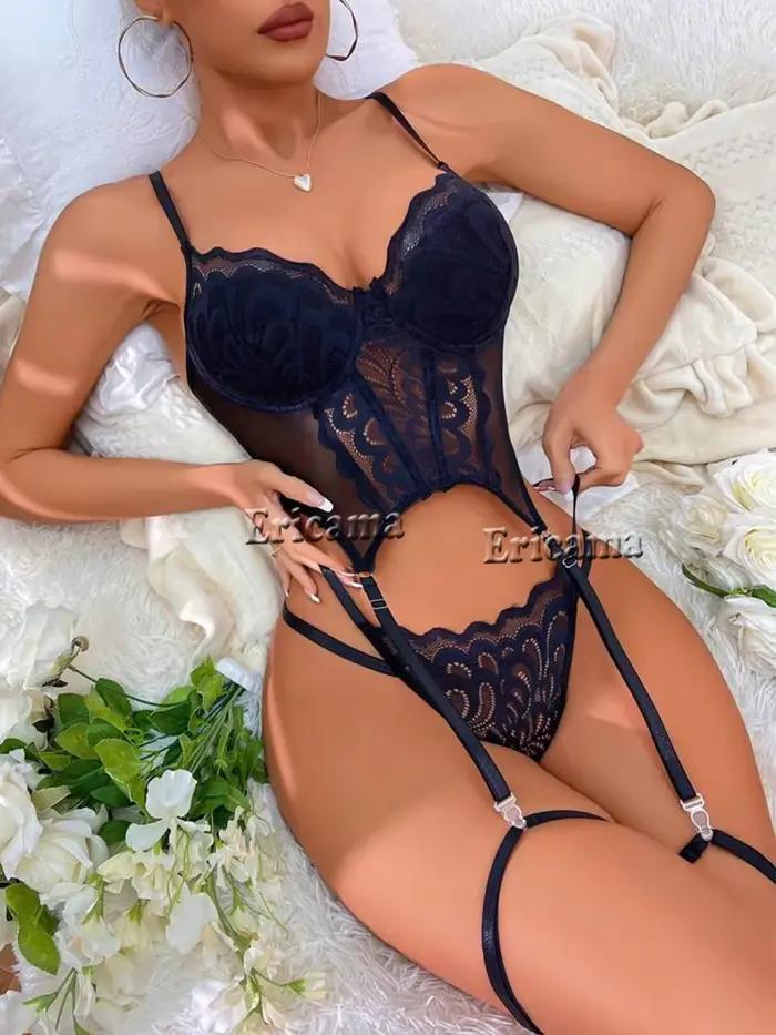 Ensemble de Lingerie jarretelles en dentelle florale avec tour de cou pour femmes, intimes, soutien-gorge à armatures et tongs, ensemble de sous-vêtements pour dames, 2024