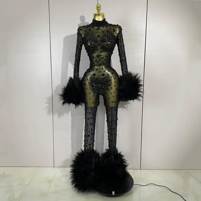 Luxusné čierne diamantové sieťované priehľadné elastické body s dlhým rukávom pre ženy Sexy Performance spevák Cos