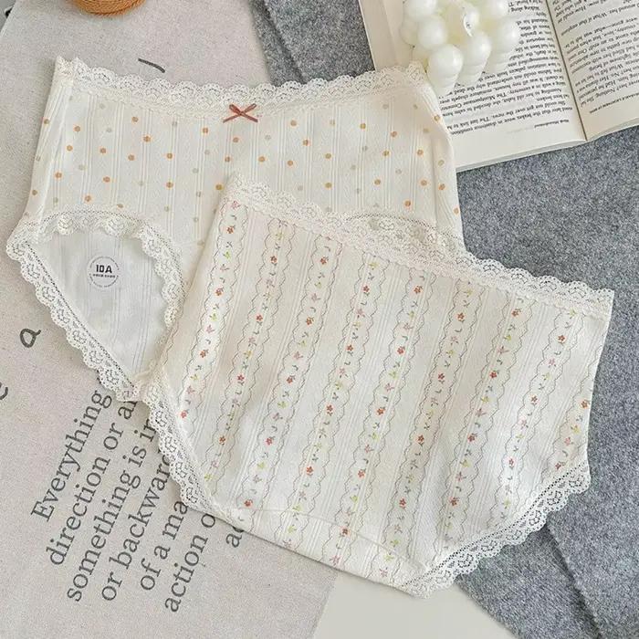 Culottes en coton à nœud floral, rayures et pois, lingerie pour femme, dentelle à carreaux, motif fleur douce, slips pour femme