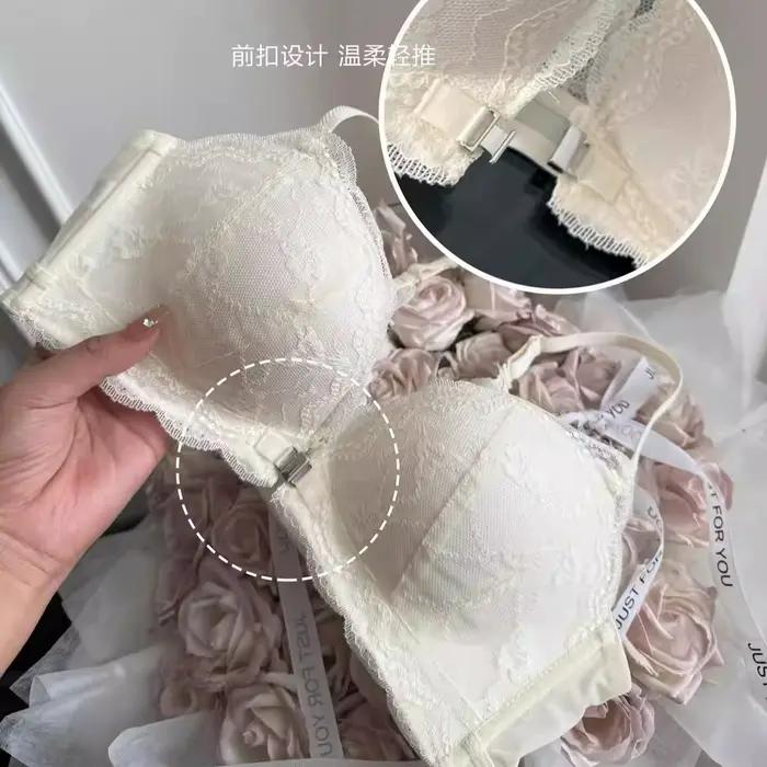Soutien-gorge bandeau push-up pour femmes, à fermeture avant, pour petites poitrines, en dentelle française sexy, dos nu, anti-affaissement, avec lissage latéral, style T-shirt