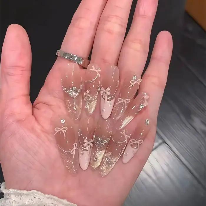 10 kusov ružové mačacie oko falošné nechty 3D motýľ