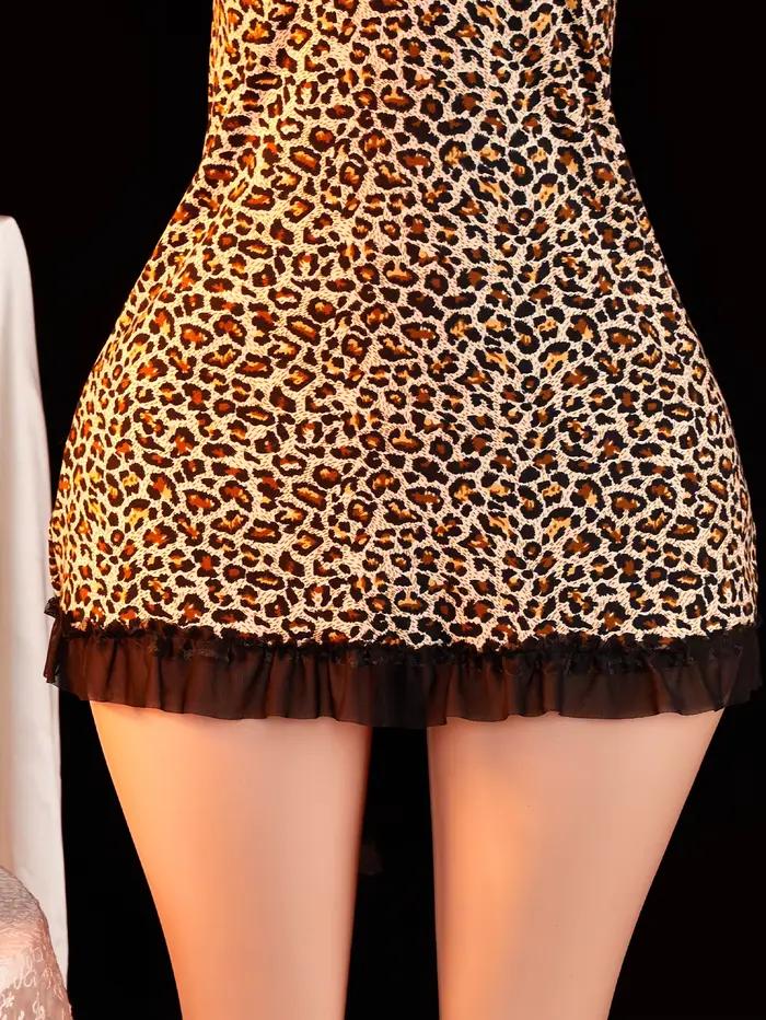 Robe de nuit en dentelle à imprimé léopard pour femmes, col en V profond, lingerie séduisante, tenue exotique pour une soirée romantique d'été