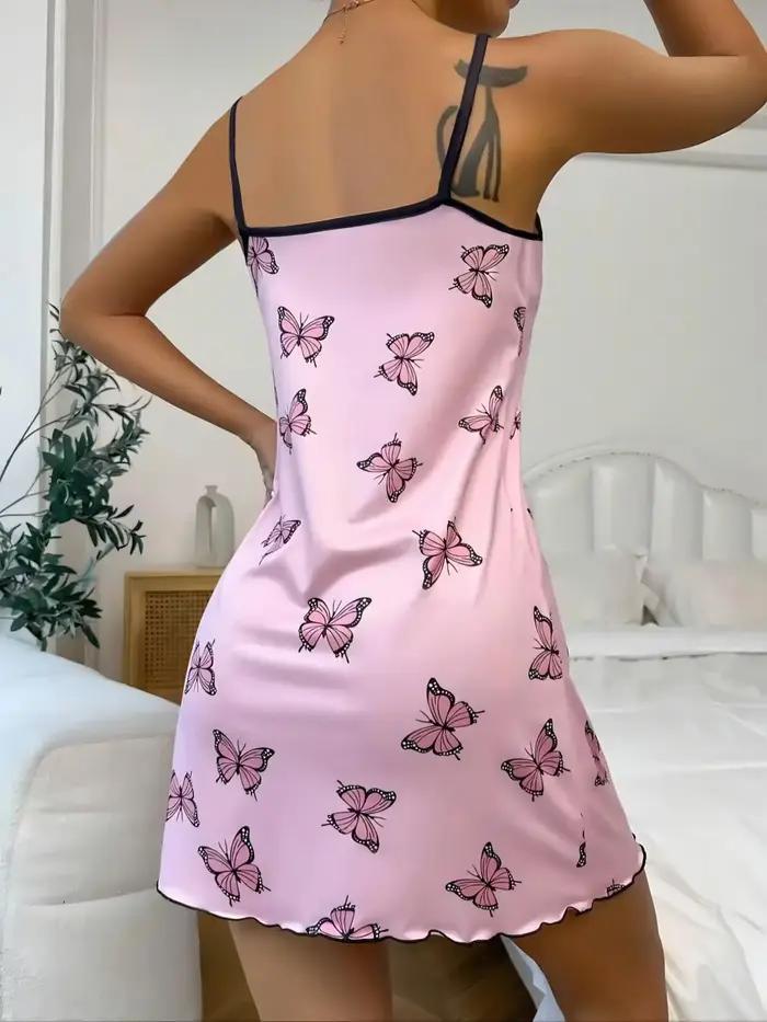 Rose papillon imprimé vêtements de nuit femmes Sexy Lingerie chemise de nuit col rond robe de nuit fendue cuisse nuisettes chemise de nuit vêtements de détente