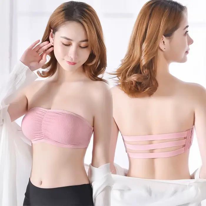 Soutien-gorge bandeau côtelé sans bretelles pour femme, anti-dérapant, froncé, avec coussinets amovibles et respirants, crochets dorsaux réglables, taille unique