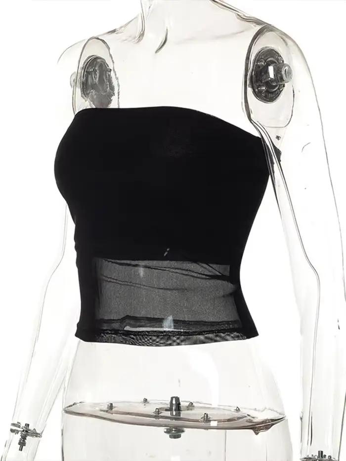 Corset en maille noir pour femmes, haut court en Patchwork, bustier tubulaire, Sexy, sans manches, épaules dénudées, camisole d'été, Streetwear, Slim, débardeur sans bretelles