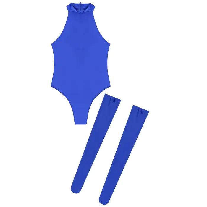 Body brillant pour femmes, col montant, sans manches, couleur unie, justaucorps, vêtements de plage, combinaison de nuit avec bas hauts de cuisse