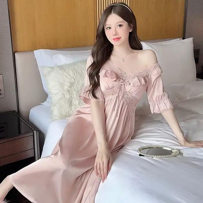 Nouvelle Robe de Nuit Sexy en Soie Glacée et Dentelle à Col en V à Manches Courtes pour Femme – Collection Été 2025 – Tenue de Nuit Mignonne et Confortable pour la Maison