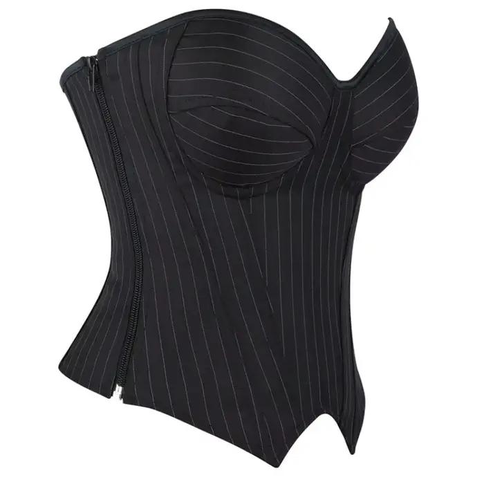 Corset Overbust avec Soutien-Gorge pour Femme, Noir, Rayé, à Lacets, en Plastique, Désossé, Haut, Fermeture Éclair, Sexy