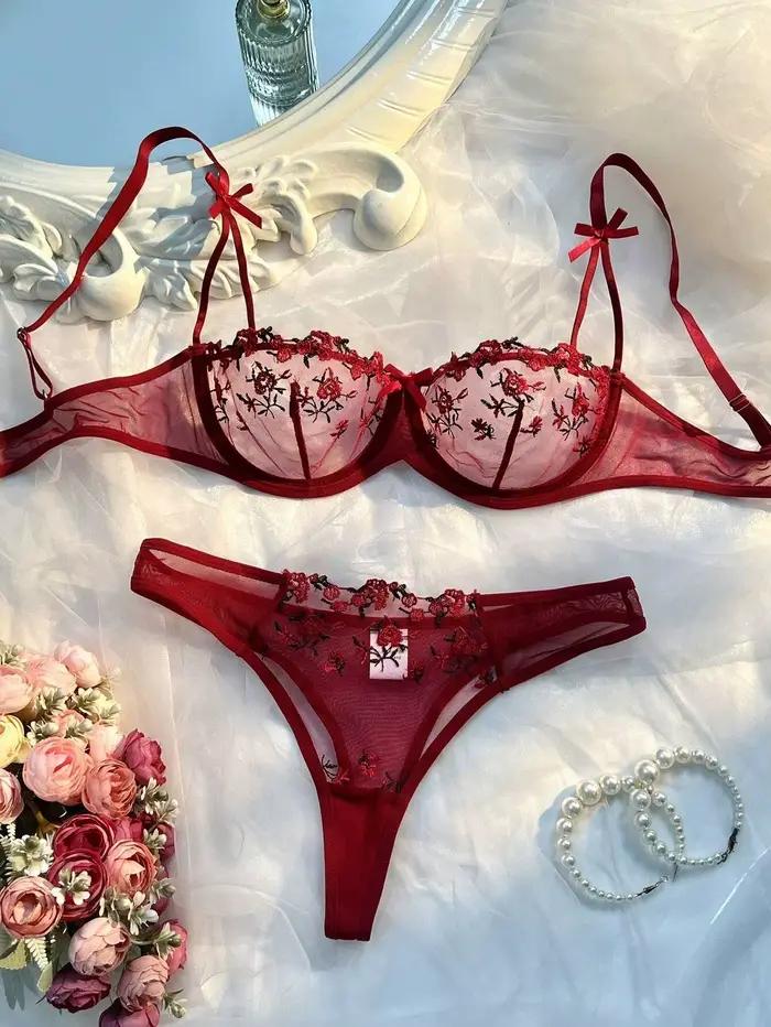 Ensemble de Lingerie Sexy romantique fantaisie Eroticу pour femme, 2 pièces, sous-vêtements transparents pour femmes, broderie, beaux ensembles soutien-gorge et culotte