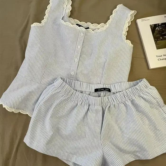 Pyjama rayé pour femmes, vêtements de nuit pour enfants, ensemble 2 pièces en dentelle, vêtements de nuit, débardeur coréen, costume de maison, nouvelle collection 2025