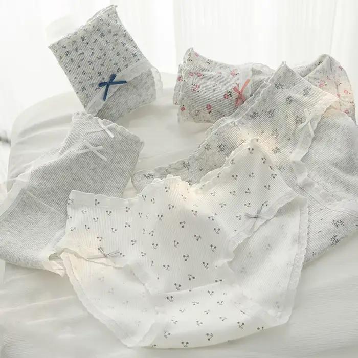 Doux fleur imprimé taille moyenne confortable fille culottes femmes slips mode nœud papillon caleçons été coton culottes intimes