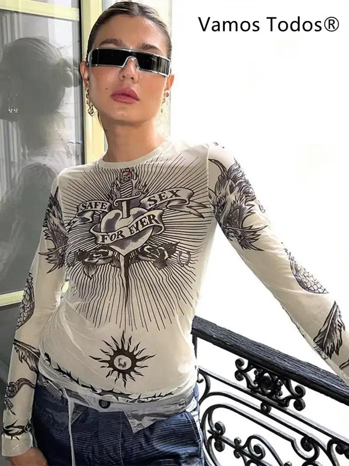 Y2k Estetické Punk Oblečenie Grafické Tričká Ženy Gotická Móda Dlhé Rukávy Žena Tričko Priesvitné Streetwear Egirl Vrch