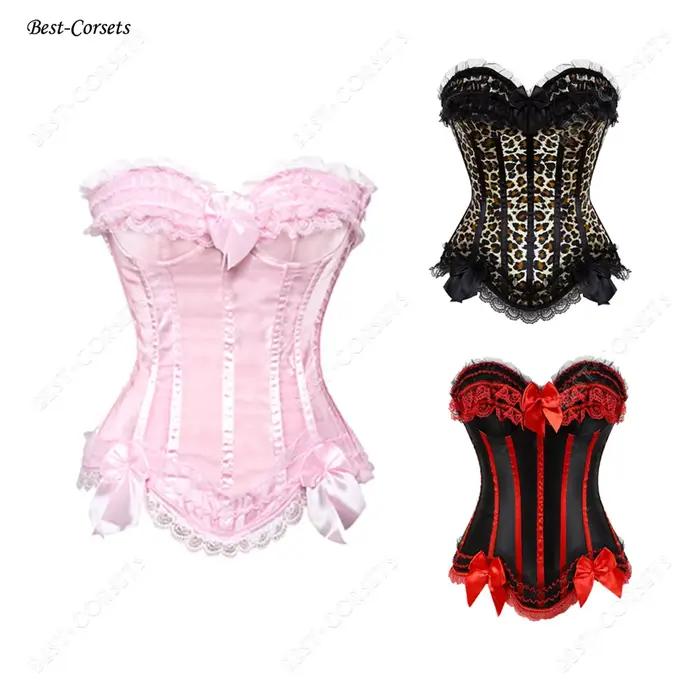Corsets roses pour femmes, Lingerie Sexy, léopard, grande taille, gothique, dentelle florale, Bustiers, rouge et blanc