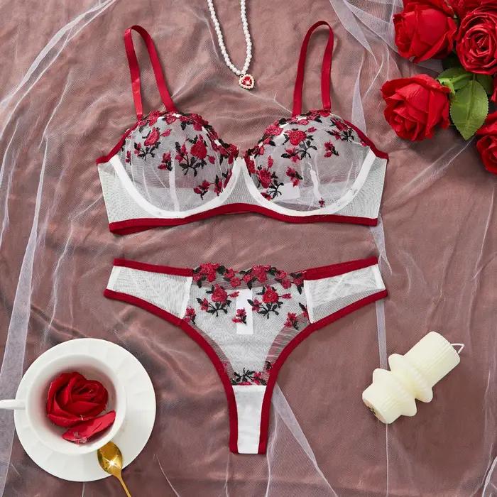 Ensemble de lingerie fantaisie en dentelle contrastée pour femme, 2 pièces, sous-vêtements brodés, magnifique ensemble soutien-gorge et culotte
