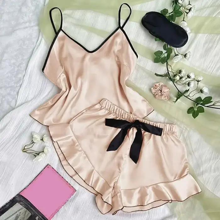 Pyjama en Satin lisse pour femmes, T-Shirt à col en v, bords à volants et short à nœud, ensemble pyjama Simple et respirant, vêtements de maison à bretelles