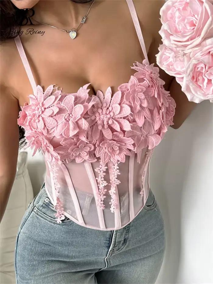SINGREINY pure gaze 3D fleurs Corset femmes rose Sexy bretelles mince hauts mode Streetwear dames court français Chic doux Camis