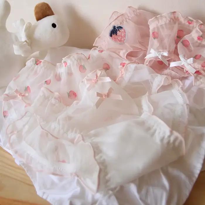 Culottes pour femmes Pure Desire Pink Sweetheart, en dentelle transparente, respirantes, avec nœud détachable, motif fraise mignon, pour adolescentes.