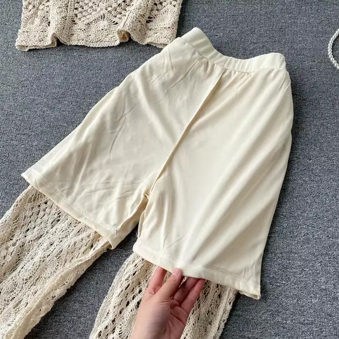 Pyjama d'été sexy en fibre ajourée pour femmes, bretelles courtes, pantalon évasé, olympiques deux pièces Boho Beach