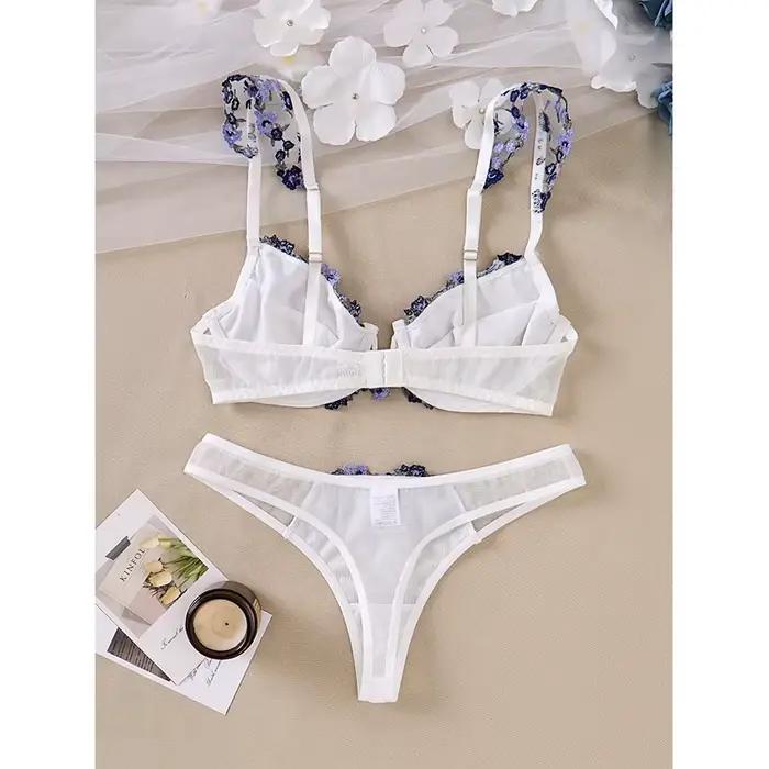 Ensemble de lingerie sexy avec broderie florale, lingerie push up, soutien-gorge transparent, 2 pièces, sous-vêtements fantaisie pour femme, lingerie intime délicate