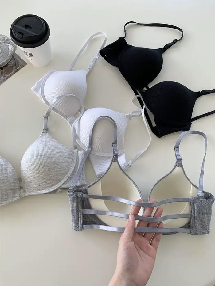 Soutien-gorge d'été pour femmes, rembourré fin, coupe A, push-up, design à boutons sur le devant, lingerie pour étudiantes, trois bretelles, dos ajouré