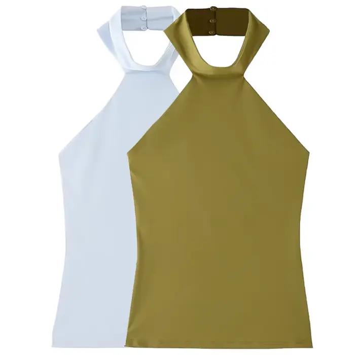 HXAO dámsky letný top s viazaním na krk 2025 tielko a camisole zeleno-modrý obtiahnutý top Sexy odhalené ramená bez rukávov holý chrbát