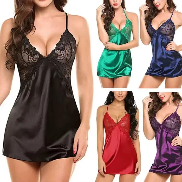 Sexy nočná košeľa s čipkovanou súpravou spodnej bielizne Saténové pyžamo Erotická súprava Teplá
