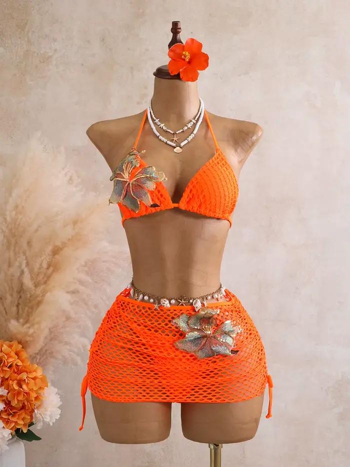 Sexi oranžový 3D kvetinový bikini set pre ženy 2026